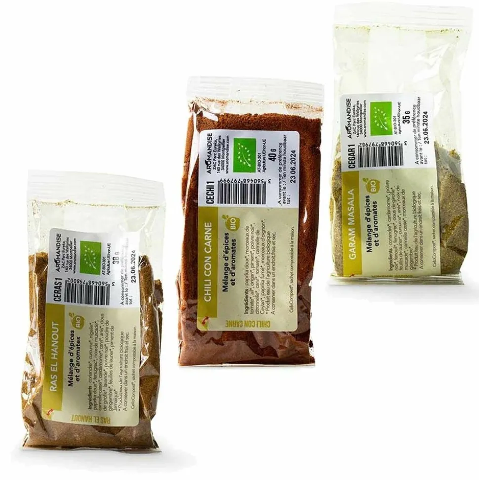 AROMANDISE - 3 mélanges d'épices bio pour recettes
