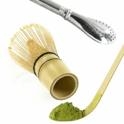 AROMANDISE - 2 ustensiles à thé matcha en bambou + paille inox avec filtre