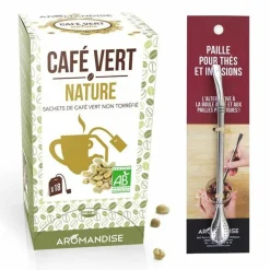 AROMANDISE - Café vert nature 18 sachets + paille inox avec filtre