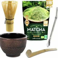AROMANDISE - Coffret thé matcha + fouet + cuillère en bambou + tasse noir & violet + paille inox avec filtre