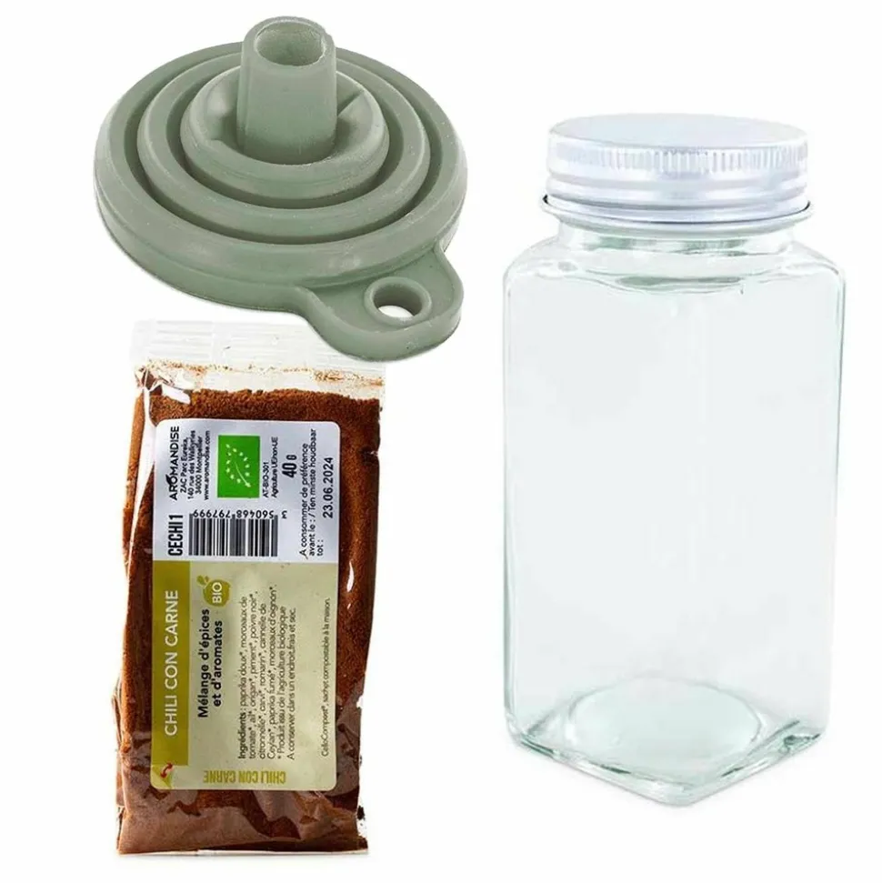 AROMANDISE - Flacon à épices poudreur + entonnoir + chili con carne 40 g