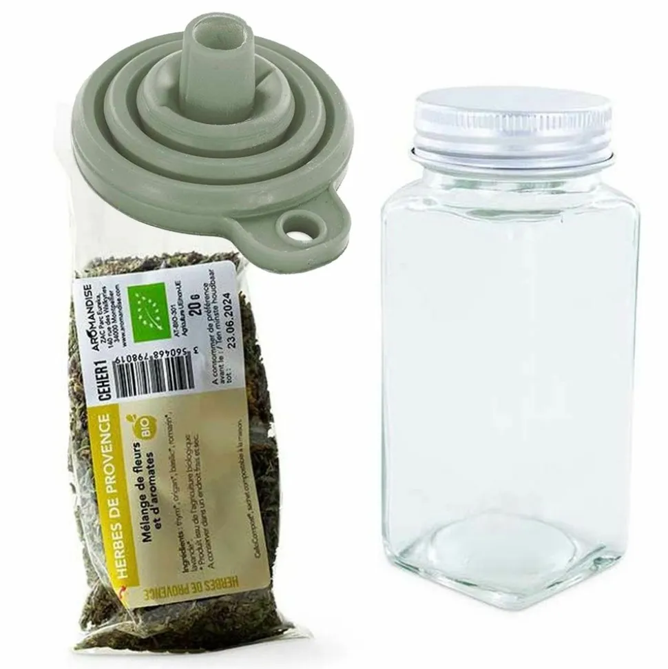 AROMANDISE - Flacon à épices poudreur + entonnoir + herbes de provence 20 g