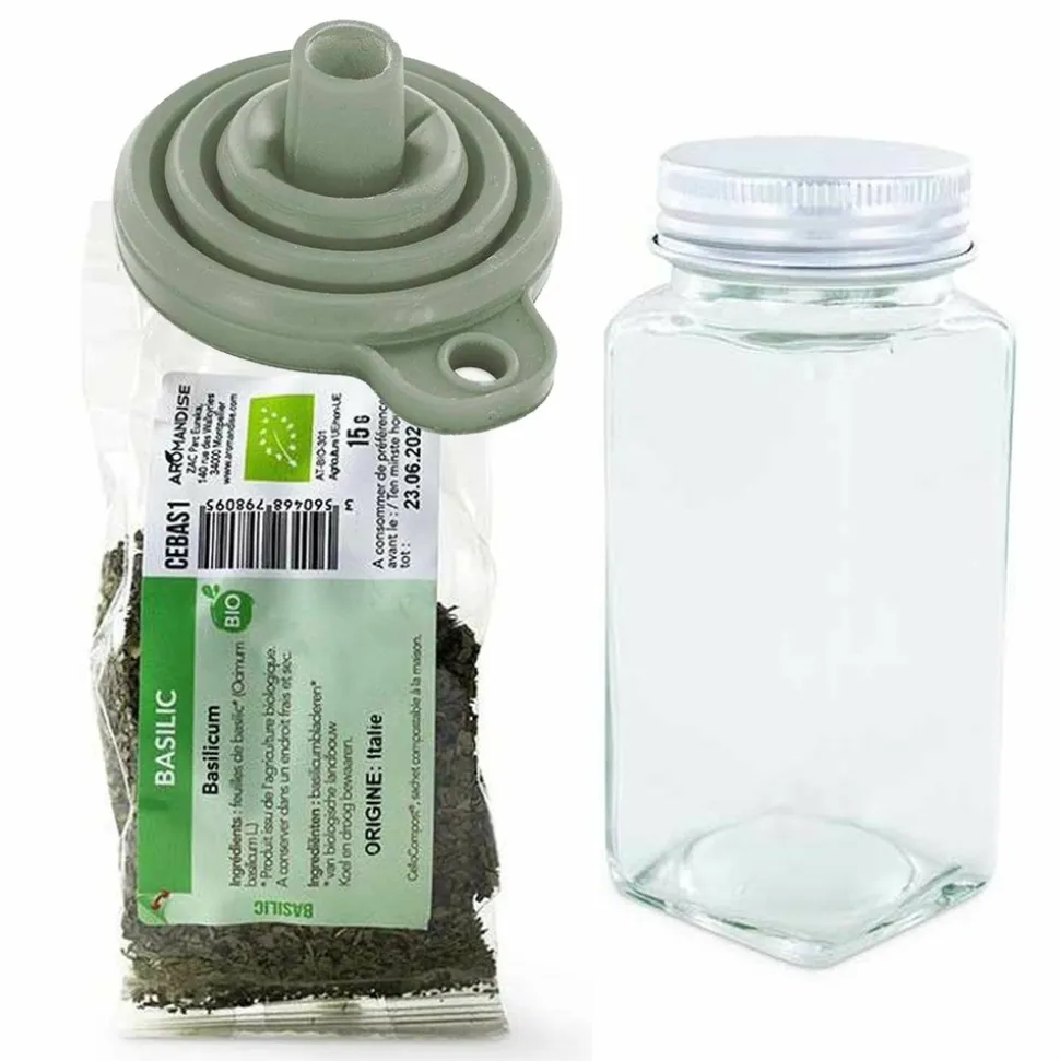 AROMANDISE - Flacon à épices poudreur + entonnoir + basilic bio 15 g