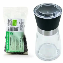 AROMANDISE - Moulin à épices en verre et céramique + baies de genévrier bio