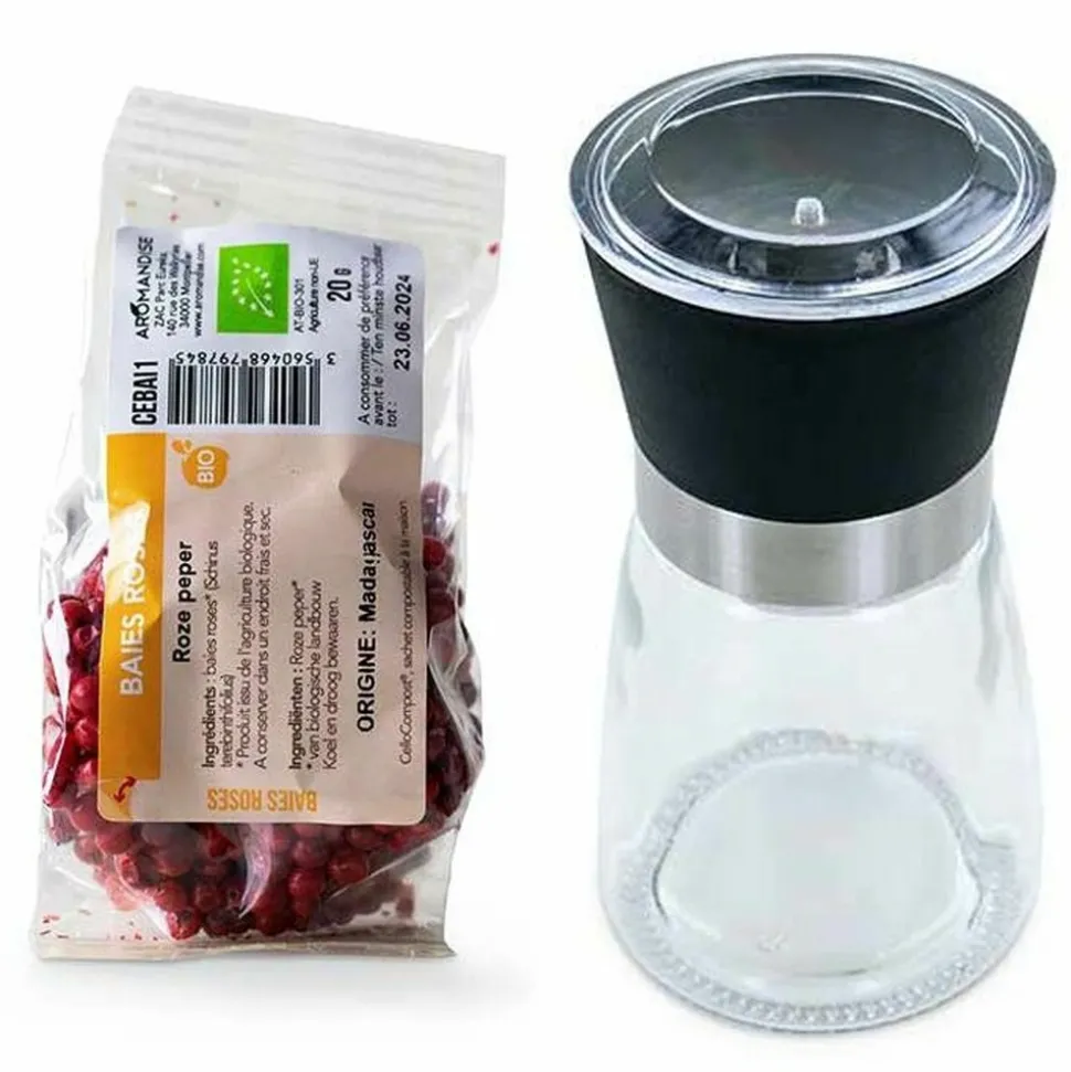 AROMANDISE - Moulin à épices en verre et céramique + baies rose de madagascar