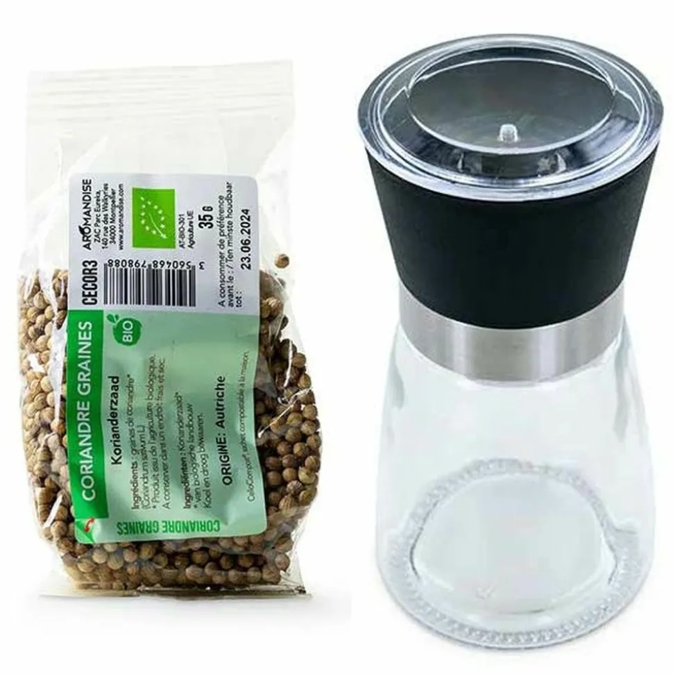 AROMANDISE - Moulin à épices en verre et céramique + coriandre en graine bio