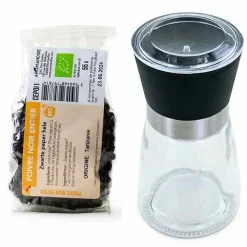 AROMANDISE - Moulin à épices en verre et céramique + poivre noir bio