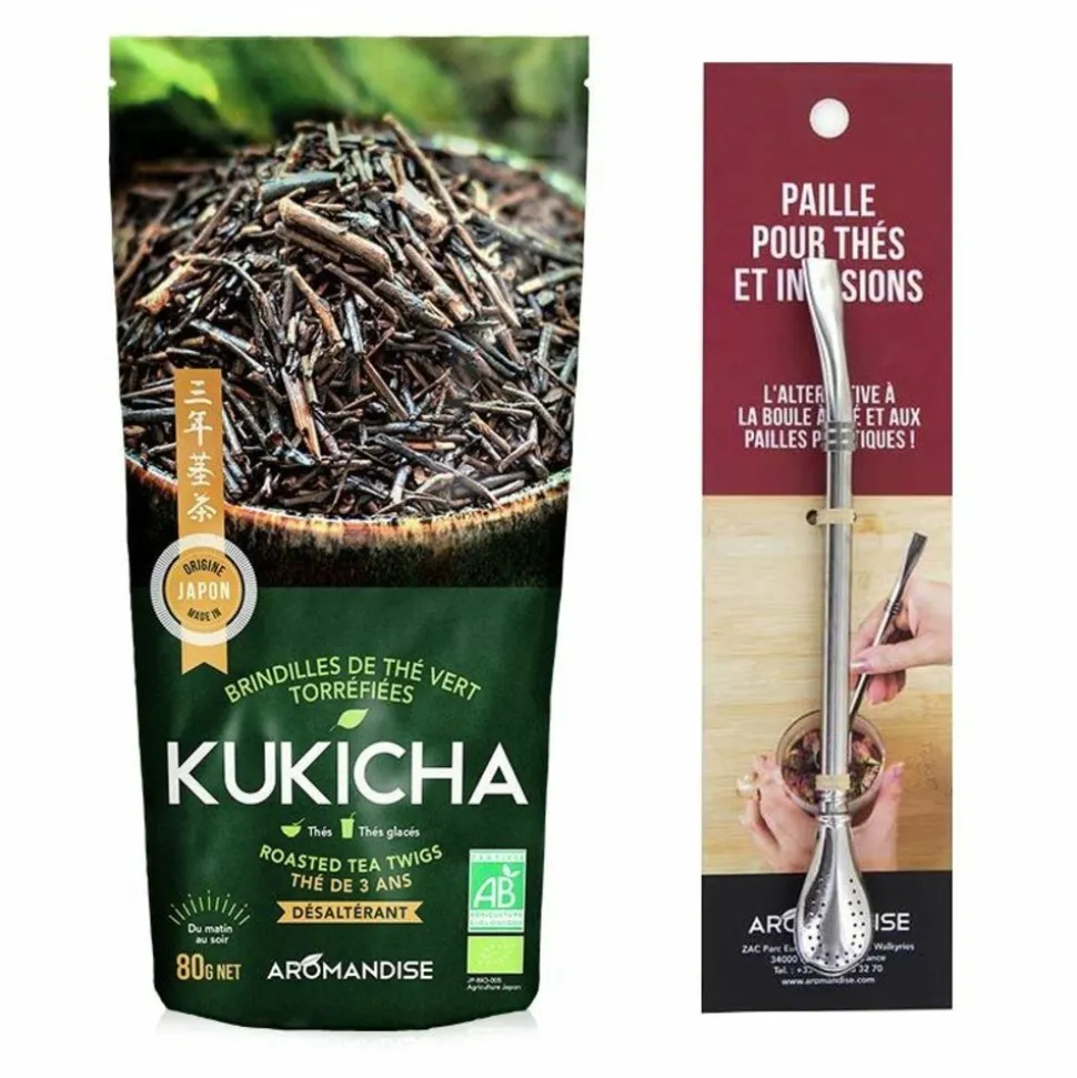 AROMANDISE - Sachet de thé bio japonais kukicha 80 g + paille inox avec filtre