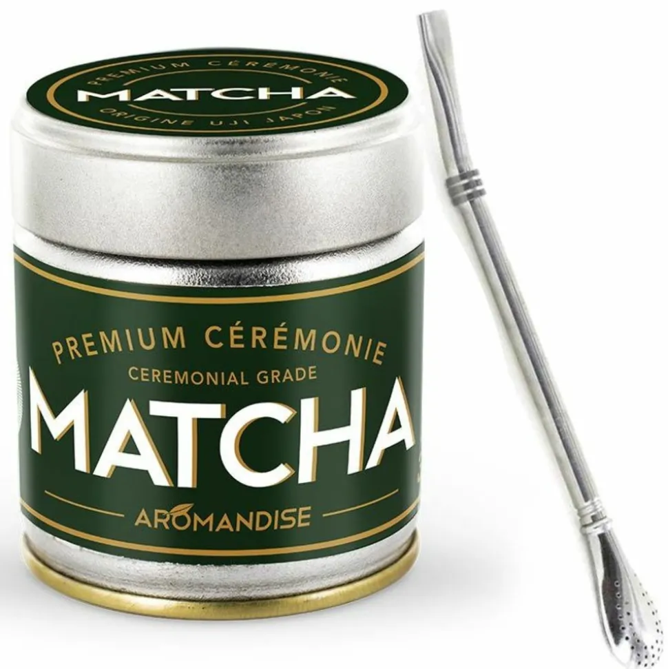 AROMANDISE - Thé matcha de cérémonie premium 30 g + paille inox avec filtre
