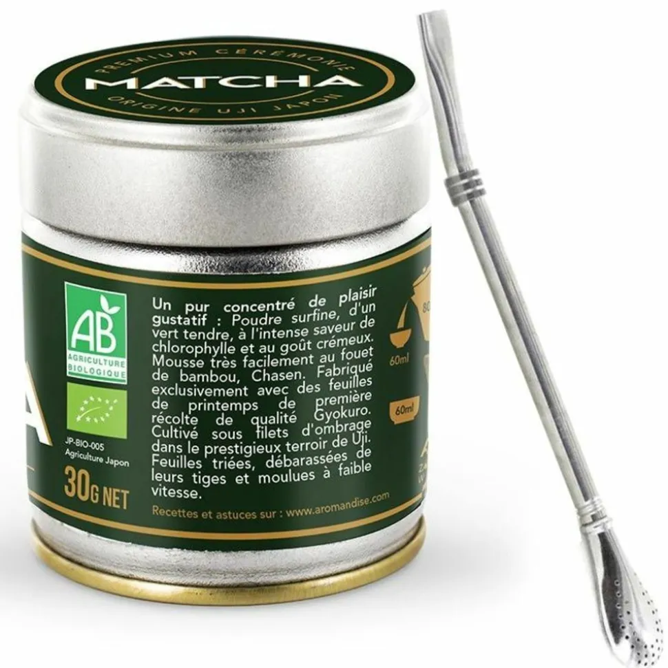 AROMANDISE - Thé matcha de cérémonie premium 30 g + paille inox avec filtre