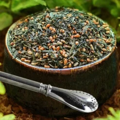 AROMANDISE - Thé vert bio et riz complet genmaicha 100 g + paille inox avec filtre