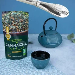 AROMANDISE - Thé vert bio et riz complet genmaicha 100 g + paille inox avec filtre