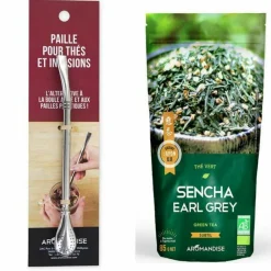 AROMANDISE - Thé vert bio japonais sencha earl grey 85 g + paille en inox avec filtre intégré