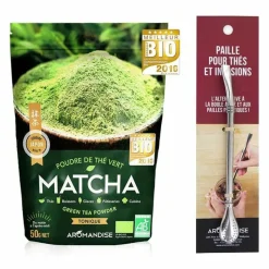 AROMANDISE - Thé vert bio matcha en poudre 50 g + paille inox avec filtre