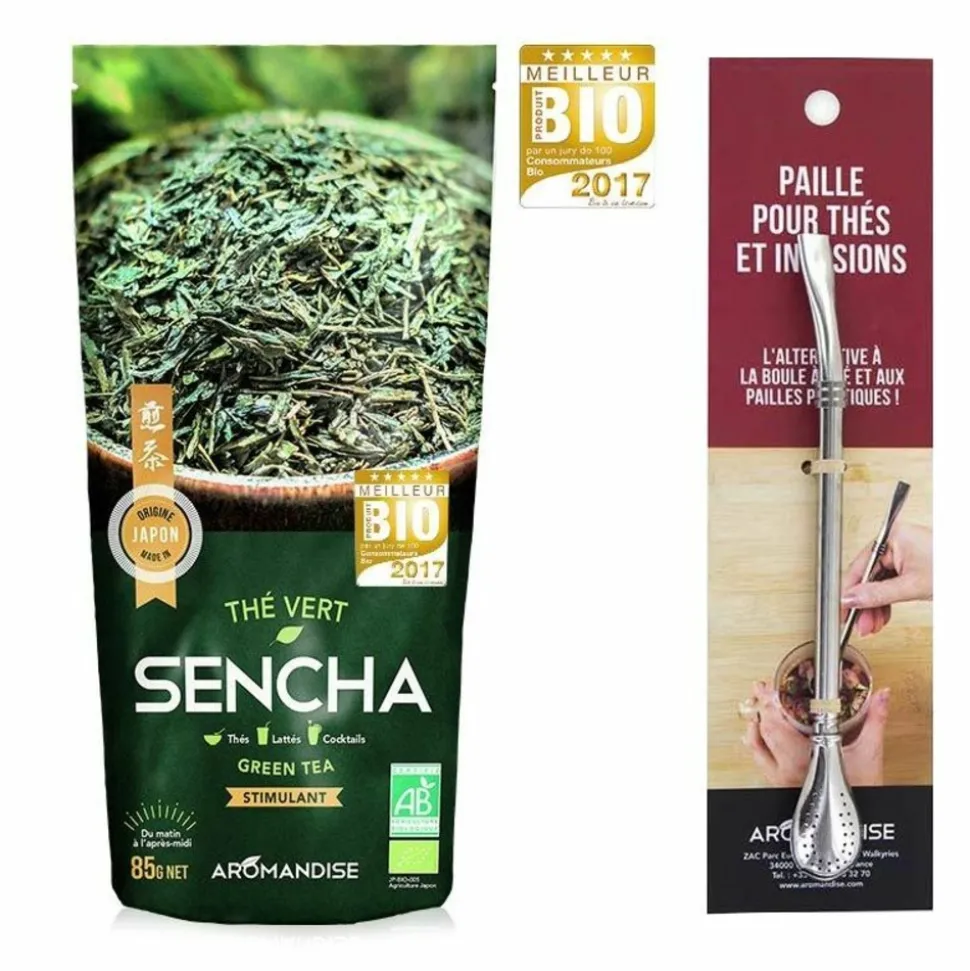 AROMANDISE - Thé vert bio sencha japonais + paille inox avec filtre