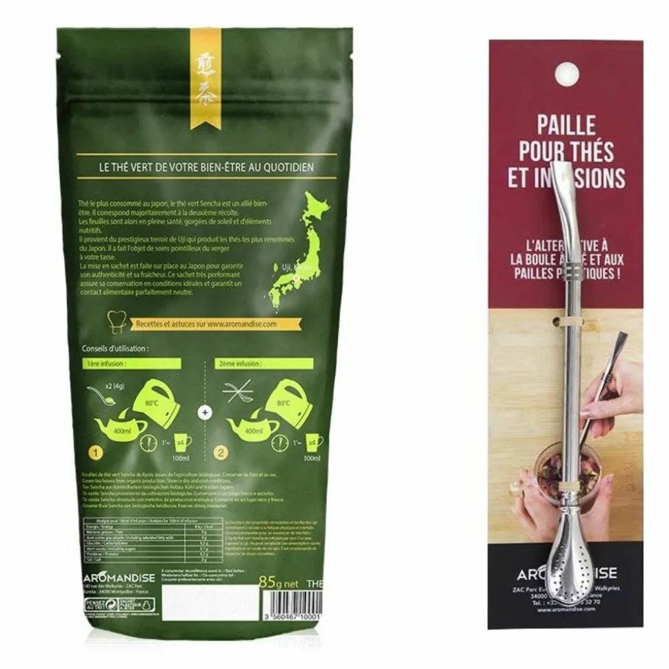 AROMANDISE - Thé vert bio sencha japonais + paille inox avec filtre