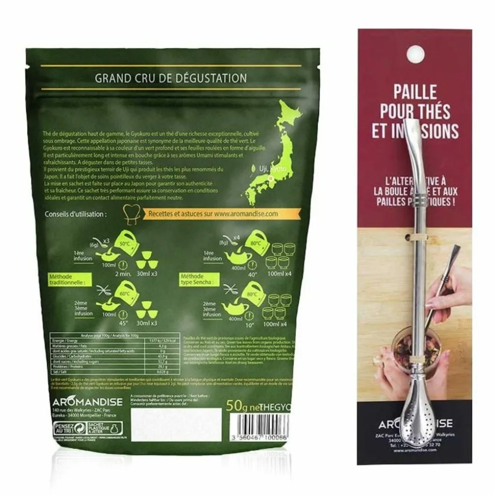 AROMANDISE - Thé vert gyokuro 50 g + paille inox avec filtre