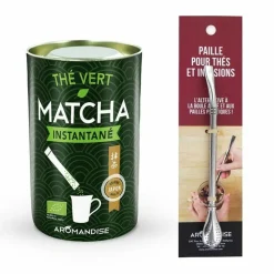 AROMANDISE - Thé vert matcha instantané en sticks + paille inox avec filtre