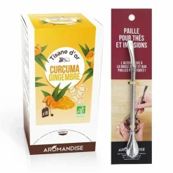 AROMANDISE - Tisane d'or bio curcuma gingembre 20 sachets + paille inox avec filtre
