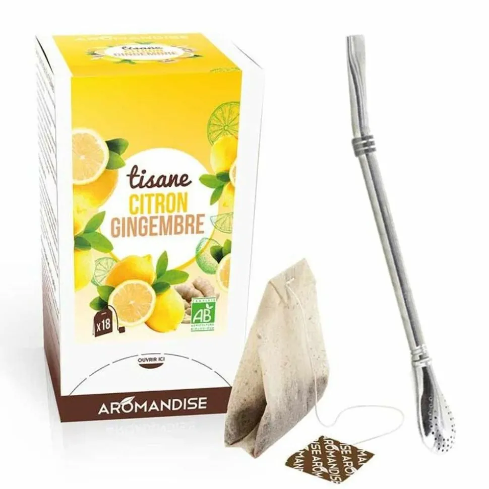 AROMANDISE - Tisane gingembre et citron bio 20 sachets + paille inox avec filtre