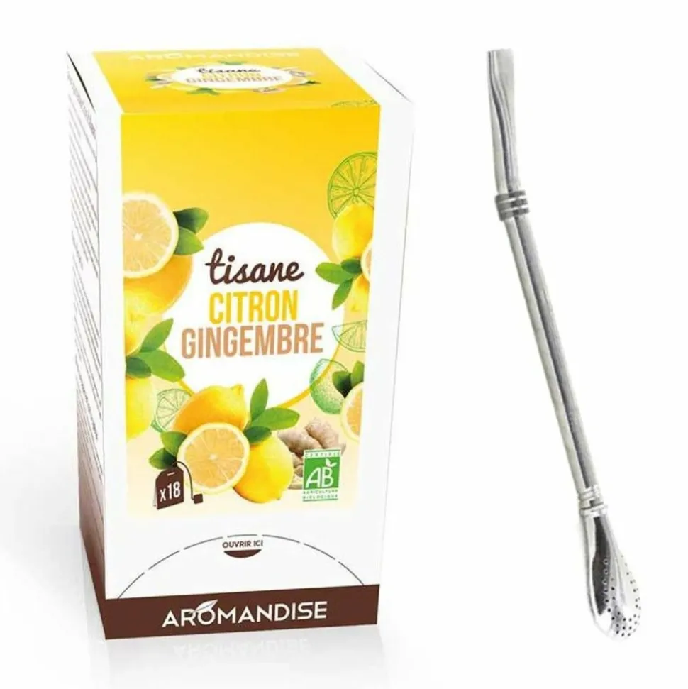 AROMANDISE - Tisane gingembre et citron bio 20 sachets + paille inox avec filtre