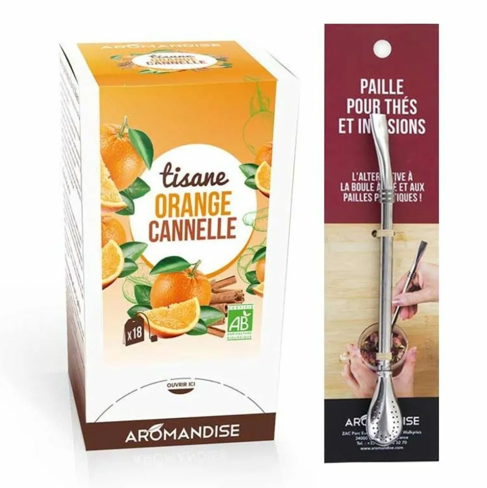 AROMANDISE - Tisane orange et cannelle bio 20 sachets + paille inox avec filtre