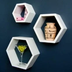 ARTEMIO - 2 blocs de 3 étagères hexagone en bois 24-30 cm