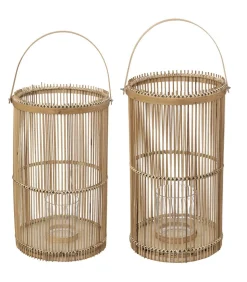 ATMOSPHERA - Lot de 2 lanternes photophore en bambou bougeoirs en verre