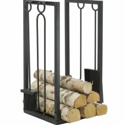 AUBRY GASPARD - Porte-bûches + 4 accessoires de cheminée en métal noir