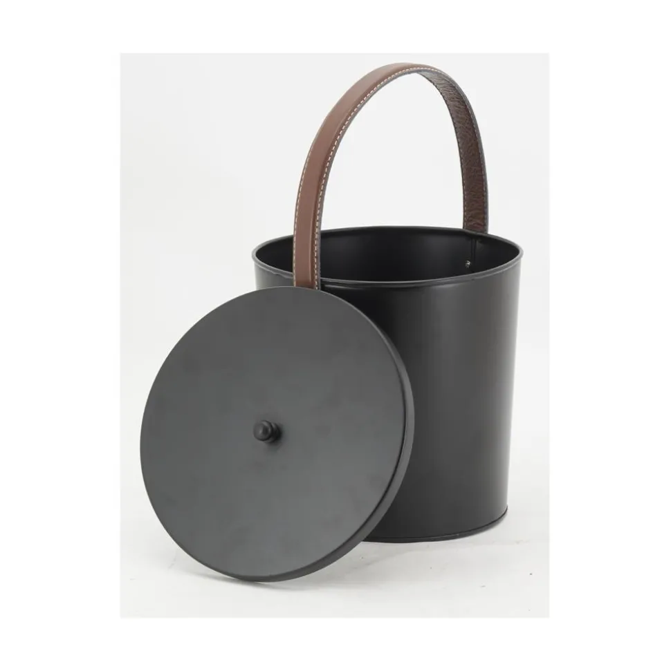 AUBRY GASPARD - Seau à cendres en métal noir et cuir