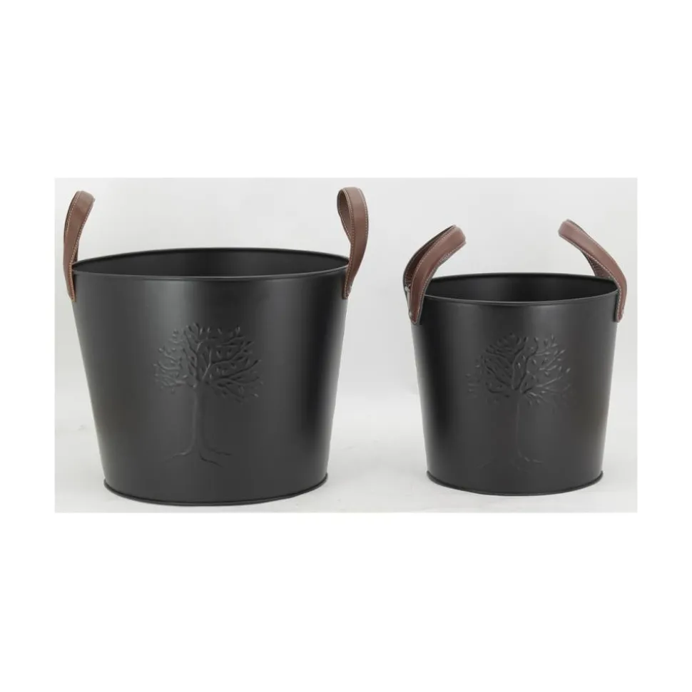 AUBRY GASPARD - Seaux en métal noir et cuir (lot de 2)