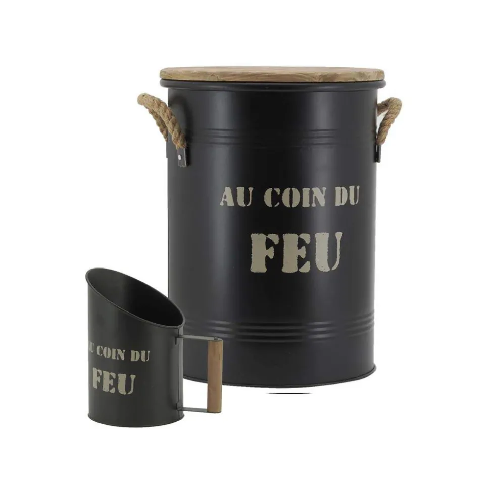 AUBRY GASPARD - Tabouret et seau à pellets avec pelle au coin du feu métal laqué au coin du feu