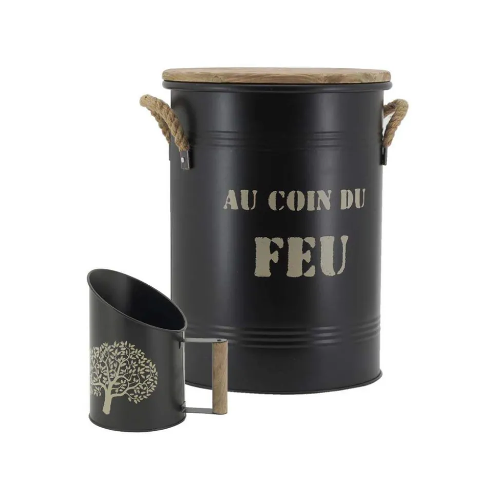 AUBRY GASPARD - Tabouret et seau à pellets avec pelle arbre métal laqué au coin du feu