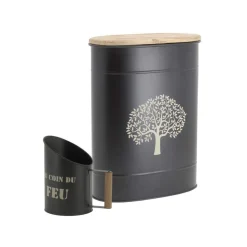 AUBRY GASPARD - Tabouret et seau à pellets avec pelle au coin du feu métal noir arbre