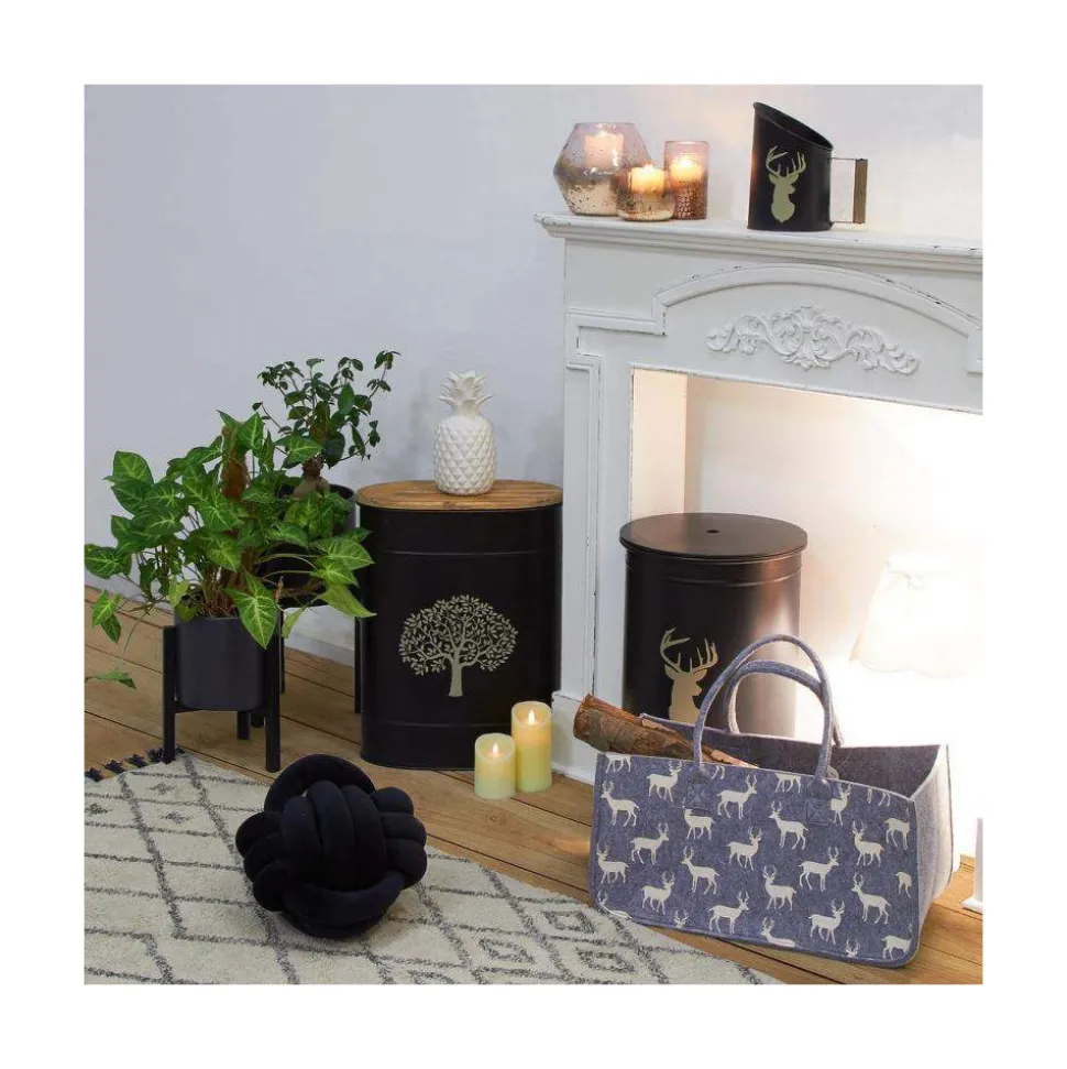 AUBRY GASPARD - Tabouret et seau à pellets avec pelle au coin du feu métal noir arbre