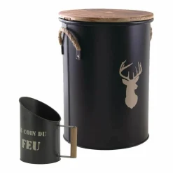 AUBRY GASPARD - Tabouret et seau à pellets avec pelle au coin du feu métal laqué cerf