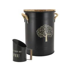 AUBRY GASPARD - Tabouret et seau à pellets avec pelle au coin du feu métal laqué arbre de vie