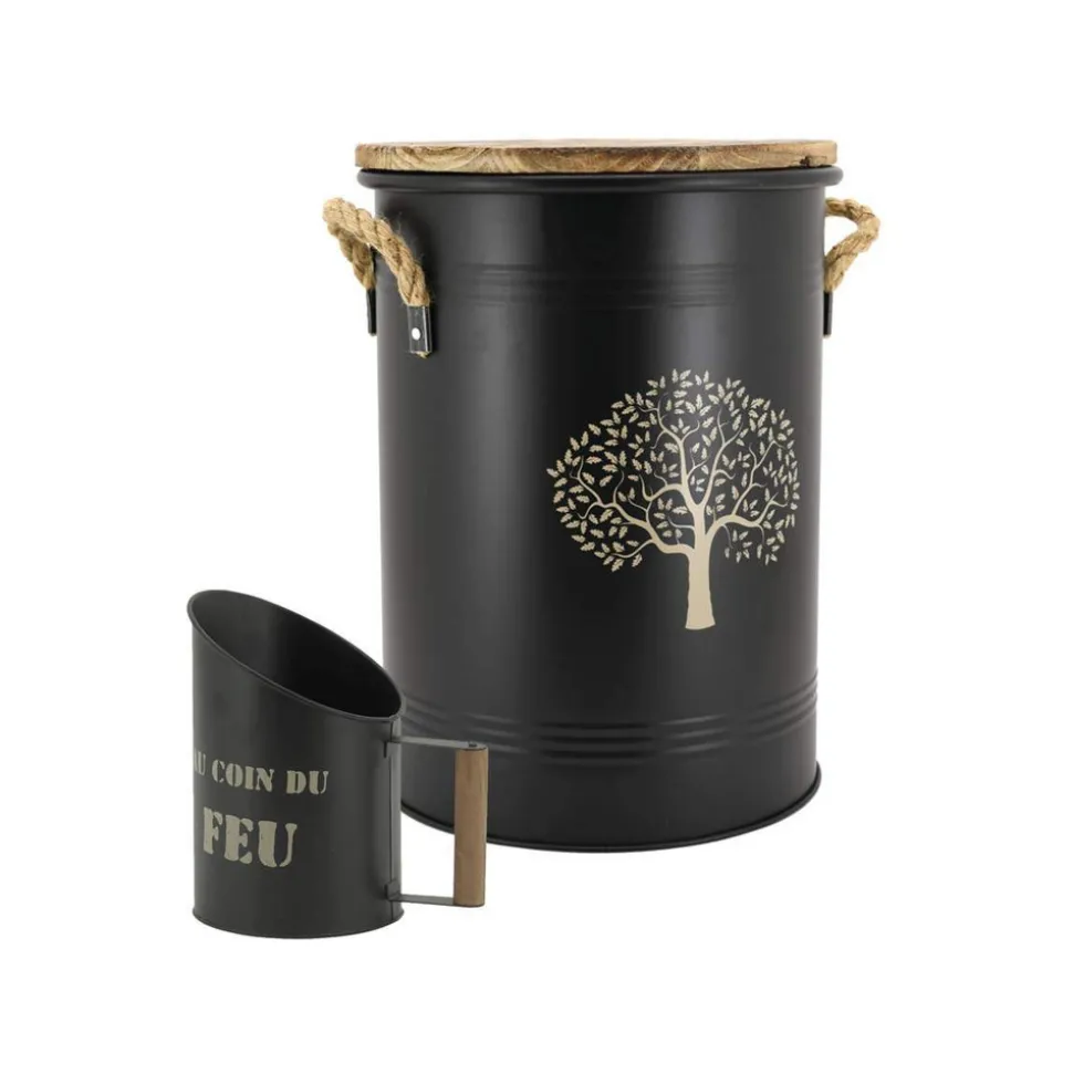 AUBRY GASPARD - Tabouret et seau à pellets avec pelle au coin du feu métal laqué arbre de vie