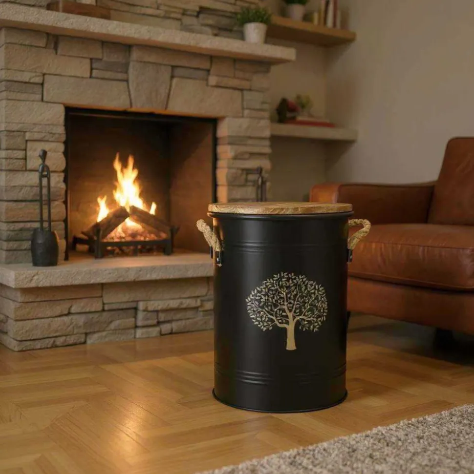 AUBRY GASPARD - Tabouret et seau à pellets avec pelle au coin du feu métal laqué arbre de vie