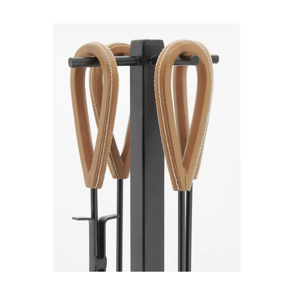 AUBRY GASPARD - Valet de cheminée 4 accessoires en métal et cuir