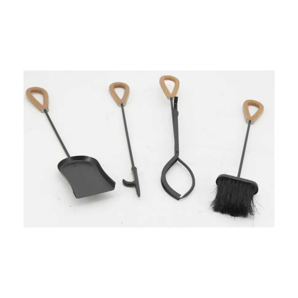 AUBRY GASPARD - Valet de cheminée + 4 accessoires en métal et cuir