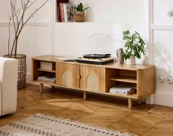 BEST MOBILIER - Milazzo - meuble tv - bois plaqué chêne et cannage - 180 cm