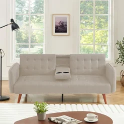 Canapé 3 places convertible avec tablette centrale rabattable beige inverness