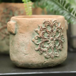 CHEMIN DE CAMPAGNE - Cache-pot rond en ciment vieilli effet poterieø.15,5 x ht.13 cm