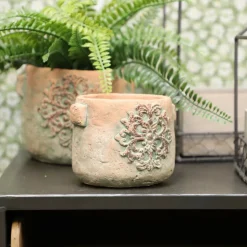 CHEMIN DE CAMPAGNE - Cache-pot rond en ciment vieilli effet poterieø.15,5 x ht.13 cm