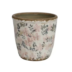 CHEMIN DE CAMPAGNE - Cache-pot rond "fleurs bleues et rose" ø.12.5 x 12 cm