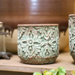 CHEMIN DE CAMPAGNE - Cache-pot rond en ciment vieilli vert/rose ø.11 x ht.10 cm