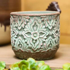 CHEMIN DE CAMPAGNE - Cache-pot rond en ciment vieilli vert/rose ø.14 x ht.13 cm