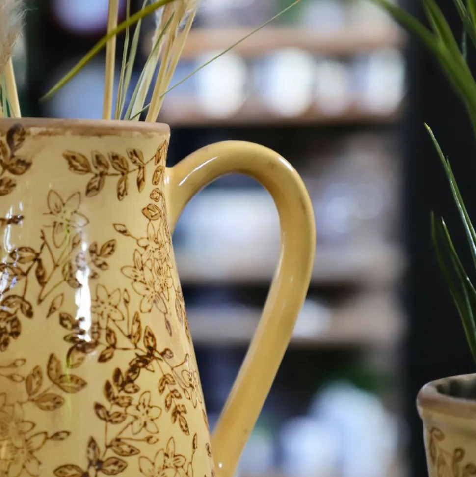 CHEMIN DE CAMPAGNE - Pichet en céramique émaillée "fleurs marron" 20x14.5x25.5