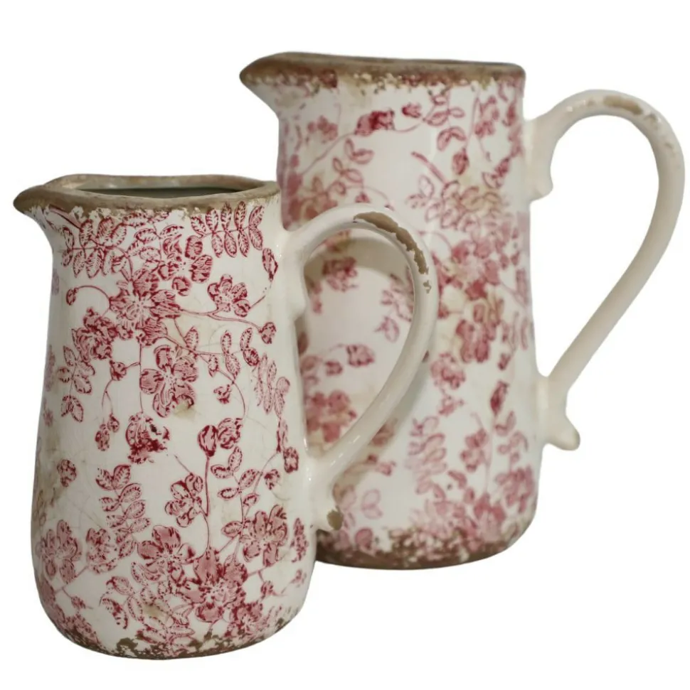 CHEMIN DE CAMPAGNE - Pichet en céramique émaillée "fleurs bordeaux" 20.5 x 14.5 x 23 cm